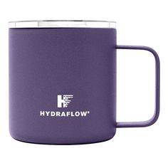 a purple coffee mug with the words hydroflow on it and a white logo is shown