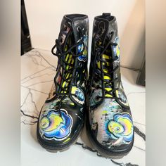 Incredible Hand-Painted Design Of Clouds And Moons In Dark Blues , Black, Silver, Chartreuse On Vegan Leather Boots. Each Boot Has A Design That Is Slightly Different, Padded Uppers With Stripes Different On Each Boot, Ankle Style, Rubber Sole. Brand New With Tags,Designer. Men’s Size 8 European 41. Designed For Women Too. Sample Sale Vegan Leather Boots, Cute Shoes Heels, Heels Boots, Sample Sale, Paint Designs, Shoes Heels Boots, Cute Shoes, Black Blue, Leather Boots