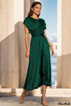 Olivia Mark - Elegant Satin Belted Draped Evening Dress with a Fashionable Touch Cloth Belt, Home Dress, Lantern Sleeves, Strap Dress, Deep Green, Bodycon Mini Dress, Ruffle Hem, Types Of Collars, Sleeve Type