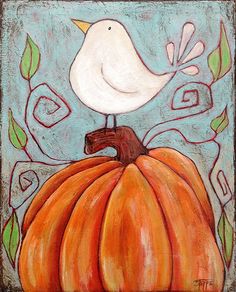 a painting of a white bird sitting on top of a pumpkin with leaves around it