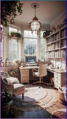 a home office with lots of bookshelves and plants in the window sill