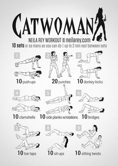 a poster with instructions on how to do the catwoman workout in 10 minutes or less