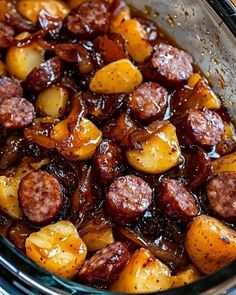 cooked sausage and potatoes in a slow cooker