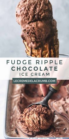 a scoop of fudge ripple chocolate ice cream on top of a pan with a spoon