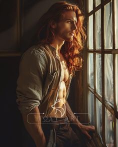 a man with long red hair standing next to a window