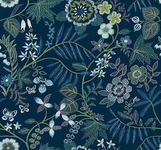 Marilyn Dark Blue Floral Trail Wallpaper by Scott Living Marilyn Wallpaper, Playful Palette, Scott Living, Room Vanity, A Street Prints, Commercial Wallpaper, Grasscloth Wallpaper, Woven Wallpaper, Paper Wallpaper