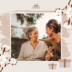 an older woman is smiling next to a younger woman with a bouquet of flowers in front of her