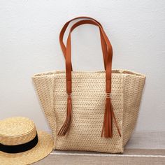 Elena Handbags Straw Woven Tote With Tassle Everyday Shoulder Bag, Rope Bag, Woven Tote Bag, Summer Bag, Bag Ideas, Straw Tote, Woven Bag, Designer Style, Retro Vibe