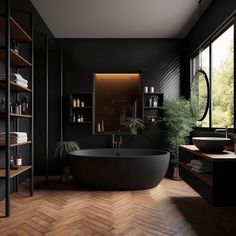 a black bathroom with wooden flooring and large tub in the center, surrounded by shelves