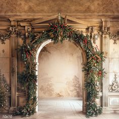 an archway decorated with christmas greenery and red berries in front of a wall mural