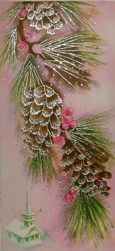 a painting of pine cones on a pink background