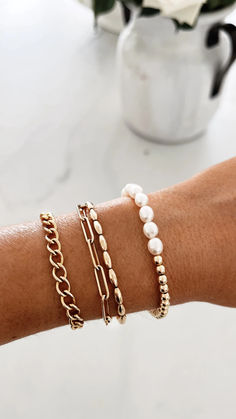 14k gold filled bracelets you can live in✨ For more fashion and home decor follow me @stylinbyaylin Gold Bracelet Set, Gold Bracelet For Women, Gold Bead Bracelets, Crystal Beads Bracelet, Gold Accessories, Gold Bracelet Chain, Seed Bead Bracelets, Trendy Jewelry, Gold Pearl