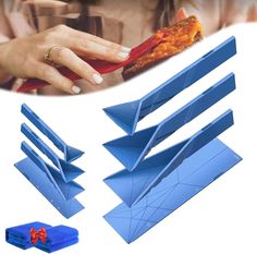 several pieces of blue plastic are shown with the image of a woman's hand holding a piece of pizza