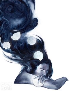 a painting of a woman with her hair blowing in the wind and full moon behind her