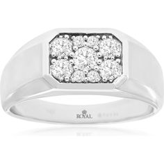 Royal 14K White Gold Men's Ring with Rectangular Cluster of Round Diamonds - 0.63 Carat Total Diamond Weight Mens White Gold Rings, Jewelry Appraisal, Diamond Education, Men Diamond Ring, Refined Style, Ring Pendant Necklace, Royal Jewelry, White Gold Band, Womens Wedding Bands