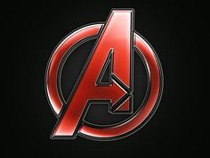 the avengers logo is shown in red and black with an arrow on it's side