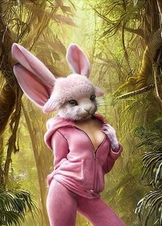 a rabbit dressed in pink is standing in the woods