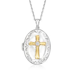 Ross-Simons - .10ct t. w. Diamond Cross Locket Necklace, Gold Over Sterling. 18". Showcasing a special symbol of faith, our .10 ct. t. w. round brilliant-cut diamond cross locket necklace holds a 7/8" x 11/16" photo inside. Textured and polished finishes. Suspends from a rope chain with a 2" extender. Perfect for a religious milestone or keeping someone close to your heart, always. Springring clasp, diamond cross locket necklace. Diamond birthstones are the perfect gift for April birthdays. Classic White Medallion Jewelry, White Round Locket Necklace For Anniversary, Round White Locket Necklace For Anniversary, Anniversary Cross Necklace With Diamond Accents, White Locket Necklace For Anniversary, White Diamond Accents Cross Necklace As Gift, White Cross Necklace With Diamond Accents For Gift, White Cross Necklace With Diamond Accents As Gift, White Engraved Cross Necklace