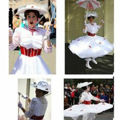 four pictures of women dressed in costumes and holding umbrellas, one woman is wearing a white dress with red trim