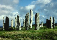 a group of large rocks sitting on top of a lush green field