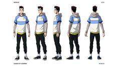 an animation character is standing in different poses and wearing blue and white shirts with hoodie on