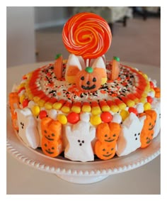 there is a cake decorated with candy and candies