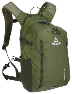 the back pack is green and has an attached strap to it's front pocket