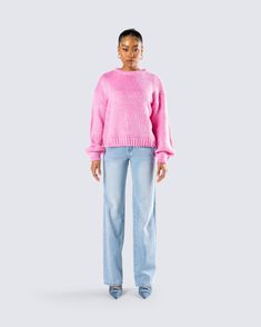 You can never go wrong with a simple and sleek moment 💕 This two-piece set pairs a pink chunky sweater top with blue denim straight leg jeans for the perfect cute and cozy everyday look 😚 Trendy Pink Sweater, Chic Pink Jeans For Fall, Everyday Pink Sweater For Spring, Casual Pink Sweater For Everyday, Casual Pink Everyday Sweater, Pink Casual Everyday Sweater, Denim Set, Perfect Cute, Chunky Sweater