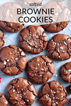 salted brownie cookies on a baking sheet with text overlay that reads salted brownie cookies