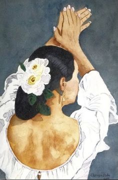 a painting of a woman in white holding her hands up to her head with flowers on it