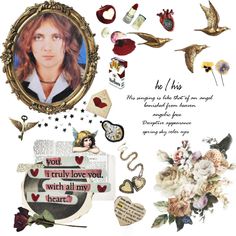 a collage of flowers, pictures and other items are arranged around a woman's face