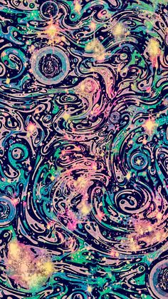 an abstract painting with swirls and bubbles in blue, green, yellow and pink