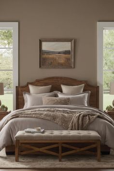 a large bed sitting under two windows next to a wooden headboard and foot board