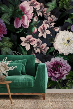 Cosy maximalism is an interior design trend that's growing in popularity. More and more of us are rejecting minimalism and embracing bold colours, patterns and textures that fill us with joy! Big, beautiful florals are the perfect choice for a maximalism theme because they infuse any room with luxury, drama and rich colours. If you have a home makeover in mind, would you embrace cosy maximalism? Garden Wall Mural, Maximalist Vintage, Dark Floral Wallpaper, Pink Lounge, Pink Couch, Garden Mural, Maximalist Home, Lounge Ideas