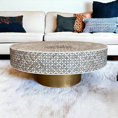 Petite Mother of Pearl Inlay Round Coffee Table Grey Moroccan Coffee Table, Decorate Furniture, Sofa Bar, Inlay Design, Inlay Furniture, Coffee Table Grey, Mother Of Pearl Inlay, At Home Furniture Store, Petite Table