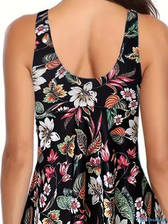 Orcajump - Drawstring Floral Print Black 2 Piece Set Tankini, High Stretch Tankini Top & Plain Comfy Boxer Shorts Swimsuits, Women's Swimwear & Clothing Casual Stretch Tankini With Floral Print, Black Stretch Tankini With Print, Black Stretch Printed Tankini, Stretch Tankini With Built-in Shorts, Black Printed Sleeveless Tankini, Black Floral Print Sleeveless Tankini, Black Printed Beachwear Top, Floral Print Tankini With Tie-side Bottom For Poolside, Black Floral Print Beachwear Tops