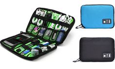 an open travel case filled with lots of different items next to a blue and black bag