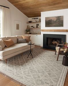 a living room filled with furniture and a fire place in the middle of a room