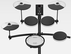 the electronic drum set is shown in black and white