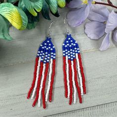 Patriotic Seed Beaded Dangle Earrings 3.25” Long Red White Blue Flag Handmade Handmade By Me And Designed By My Husband, These Earrings Are A Unique Way To Show Off Your Love For Your Country. Made With Glass Miyuki Seed Beads These Earrings Are Sure To Last A Lifetime With The Extra Attention To Detail. They Measure 3.25 Inches With The Ear Hook And Hanger A Drop Length Of 2.75 Inches. Please Note That If You Prefer Stainless Steel Ear Hooks You Can Send Me A Message And I Will Be Sure To Fill Handmade Red Beaded Earrings For 4th Of July, Blue Jewelry For 4th Of July Beach Day, Patriotic Blue Beaded Earrings As Gift, Blue Patriotic Beaded Earrings As Gift, Red Patriotic Beaded Earrings, Handmade Blue Earrings For 4th Of July, Patriotic Blue Dangle Jewelry, Adjustable Blue Earrings For 4th Of July, Patriotic Multicolor Dangle Jewelry