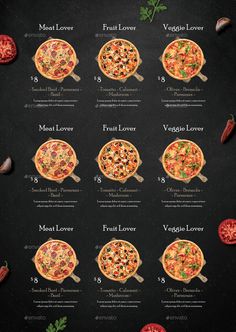 the pizza menu is displayed on a blackboard with different toppings for each slice