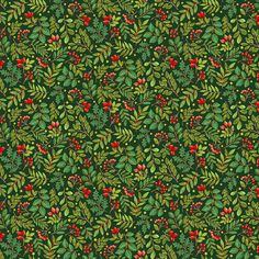 a green background with red berries and leaves