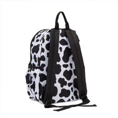 Use this cute mini backpack for school, work, or casual wear. The trendy cow print backpack measures 12.5 x 4.5 x 15 inches and has 1 large compartment, 1 small compartment, and 2 water bottle side compartments to ensure you have more than enough space to hold your wallet, keys, notebook, books, and other small daily essentials. This cow backpack for women and girls is also great for holding your makeup, cosmetics, and toiletries while traveling. Casual Everyday Bag With Cow Print, Casual Cow Print Bags For Daily Use, Cow Print Backpack, Cow Backpack, Big Backpack, Cute Mini Backpacks, Backpack For School, Mini Cows, White Backpack