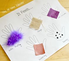 handprints and feathers are displayed on a piece of paper