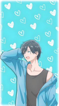 an anime character with black hair wearing a blue jacket and hearts on the wall behind him