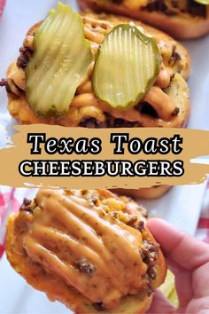 two cheeseburgers with pickles on top and the words texas toast cheeseburgers above them