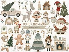 boho christmas clipart set with cute animals, trees and other holiday decorations for commercial use