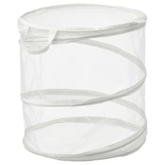 a clear plastic container with white handles and straps on the bottom, holding two large round containers