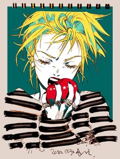 a drawing of a person with blonde hair holding an apple in front of their face