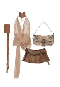 a woman's outfit with accessories including a purse, scarf, and handbag